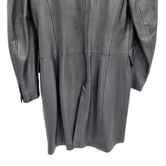 Vtg Trench Coat Faux Leather Wool Lined Longline Pockets Matrix Coplay Blk Sz S - Picture 11 of 11
